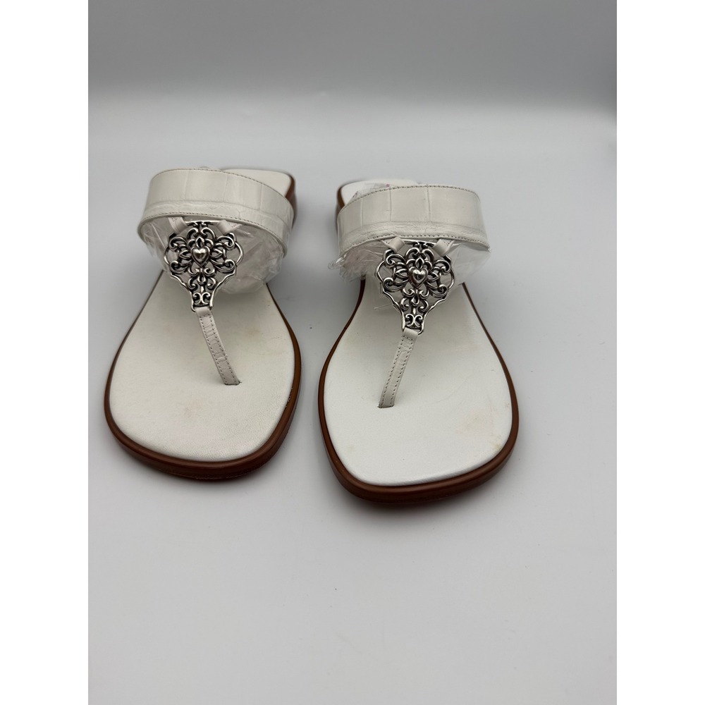 Brighton Womens White Leather Thong Sandals Silver Heart Slides Size 8